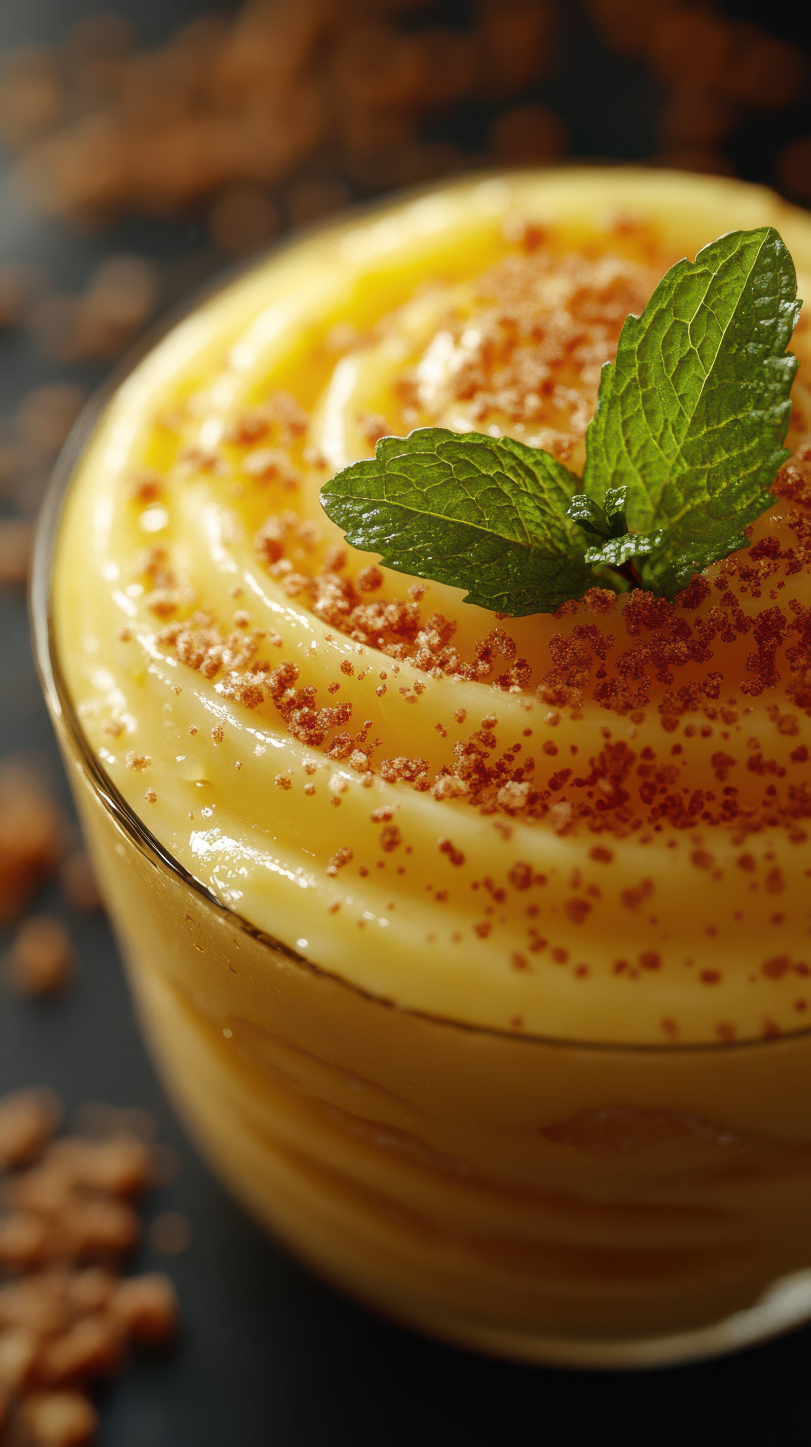 Delicious creamy dessert topped with mint leaves and sprinkled with spice
